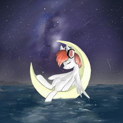 Size: 1000x1000 | Tagged: safe, artist:rosefluffdraws, oc, oc only, pegasus, pony, crescent moon, eyes closed, galaxy, headphones, meteor, moon, night, night sky, ocean, sky, sleeping, sleeping on moon, solo, stars, tangible heavenly object, transparent moon, water, wings