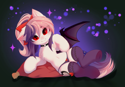 Size: 5113x3572 | Tagged: safe, artist:empress-twilight, oc, oc only, oc:sweet velvet, bat pony, g4, g5, my little pony: friendship is magic, belly, belly button, bow, chest fluff, choker, clothes, commission, ear fluff, earth pony oc, female, fluffy, hair bow, horn, mare, panties, pillow, smiling, socks, solo, thigh highs, underhoof, underwear