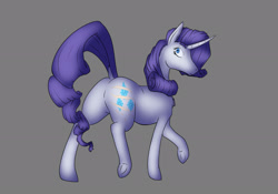 Size: 2048x1434 | Tagged: safe, artist:pegedraws, rarity, pony, unicorn, g4, my little pony: friendship is magic, butt, dock, featureless crotch, female, frog (hoof), gray background, horn, looking back, mare, plot, scar, simple background, standing on two hooves, tail, underhoof, walking