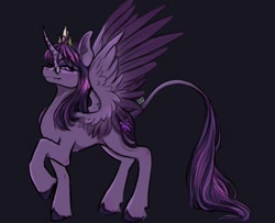 Size: 736x598 | Tagged: safe, artist:daqueenwolf, twilight sparkle, alicorn, pony, g4, my little pony: friendship is magic, black background, crown, fangs, female, glasses, horn, jewelry, leonine tail, mare, redesign, regalia, round glasses, signature, simple background, smiling, tail, three toned mane, twilight sparkle (alicorn), unshorn fetlocks, wings