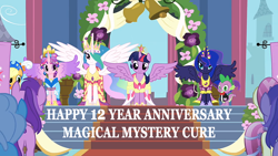 Size: 1280x720 | Tagged: safe, edit, edited screencap, editor:incredibubbleirishguy, screencap, amethyst star, applejack, fleur de verre, linky, princess cadance, princess celestia, princess luna, shoeshine, sparkler, spike, twilight sparkle, alicorn, dragon, earth pony, pony, g4, magical mystery cure, my little pony: friendship is magic, season 3, 2013, 2025, bell, big crown thingy, bowtie, celebration, celestia's ceremonial crown, celestia's crown, clothes, coronation, coronation dress, crown, dress, element of magic, jewelry, magical mystery cure 12th anniversary, princess coronation, regalia, text, tuxedo, twilight sparkle (alicorn), wingless spike