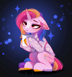 Size: 3510x3767 | Tagged: safe, artist:empress-twilight, oc, oc only, unnamed oc, pony, unicorn, bags under eyes, blaze (coat marking), butt fluff, cardigan, cheek fluff, chest marking, coat markings, colored hooves, commission, ear fluff, ear piercing, earring, eyelashes, facial markings, female, female oc, floppy ears, food, frown, gold hooves, gradient background, green tea, heart, heart mark, high res, hock fluff, hoof hold, hooves, horn, jewelry, leg fluff, lidded eyes, mare oc, mug, multicolored mane, multicolored tail, piercing, pink coat, pink eyes, shiny mane, shiny tail, sitting, sitting on haunches, sparkles, tail, tea, thick eyelashes, three quarter view, tired, unicorn horn, unicorn oc, wavy mouth, ych result, yellow hooves