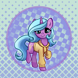 Size: 3000x3000 | Tagged: safe, artist:brella, radiant hope, crystal pony, crystal unicorn, pony, unicorn, g4, abstract background, clothes, hoodie, horn, looking at you, raised hoof, smiling, solo