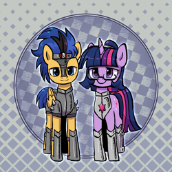 Size: 3000x3000 | Tagged: safe, artist:brella, flash sentry, twilight sparkle, pegasus, pony, unicorn, comic:crystal war, g4, abstract background, alternate hairstyle, alternate universe, armor, duo, duo male and female, female, glasses, horn, male, ship:flashlight, shipping, solo, stallion, straight, unicorn twilight