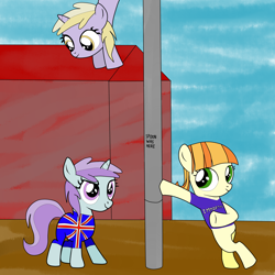 Size: 2000x2000 | Tagged: safe, artist:samey90, dinky hooves, liza doolots, petunia, tag-a-long, tootsie flute, earth pony, pony, unicorn, fanfic:mission control, g4, bipedal, british, building, clothes, fanfic art, female, filly, foal, horn, immortal, old art, outdoors, shirt, superhero, t-shirt, trio, trio female