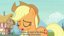 Size: 1280x720 | Tagged: safe, edit, edited screencap, editor:jaredking779, screencap, applejack, earth pony, pony, g4, honest apple, my little pony: friendship is magic, season 7, caption, cowboy hat, eyes closed, female, freckles, hat, mare, open mouth, outdoors, solo, stetson, text