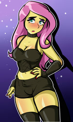 Size: 1200x2000 | Tagged: safe, artist:nolyanimeid, fluttershy, human, equestria girls, g4, 2d, belly, belly button, blushing, breasts, busty fluttershy, cleavage, clothes, eyeshadow, female, fluttergoth, gradient background, hand on hip, legs, lipstick, looking at you, makeup, nail polish, nails, purple background, red nail polish, shorts, socks, solo, thigh highs