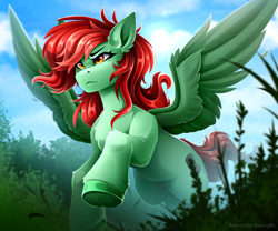 Size: 4961x4134 | Tagged: safe, artist:buvanybu, oc, oc only, pegasus, pony, commission, low angle, outdoors, pegasus oc, running, signature, solo, spread wings, underhoof, wings