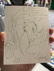 Size: 1536x2048 | Tagged: safe, artist:andy price, applejack, queen chrysalis, twilight sparkle, changeling, changeling queen, earth pony, pony, unicorn, g4, female, horn, mare, speech bubble, traditional art, trio, trio female