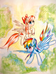 Size: 1920x2560 | Tagged: safe, artist:stardust0130, angel wings, rainbow dash, g4, duo, duo female, female, traditional art