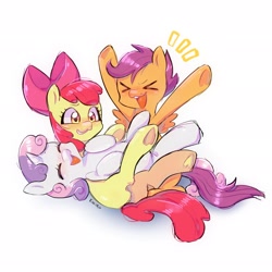 Size: 2048x2048 | Tagged: safe, artist:kinokoo_san, apple bloom, scootaloo, sweetie belle, earth pony, pegasus, pony, unicorn, g4, :3, ><, adorabloom, blushing, cute, cutealoo, cutie mark crusaders, cutie mark cuties, diasweetes, emanata, eyes closed, female, frog (hoof), full body, horn, lying down, on back, open mouth, open smile, pony pile, simple background, smiling, spread wings, trio, trio female, underhoof, white background, wings