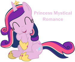 Size: 1451x1206 | Tagged: safe, artist:princess-paige-place-of-fun, oc, oc only, oc:princess mystical romance, alicorn, pony, clothes, crown, eyes closed, female, fusion, fusion:princess cadance, fusion:twilight sparkle, horn, jewelry, mare, not cadance, raised hoof, regalia, shoes, simple background, sitting, smiling, transparent background, wings