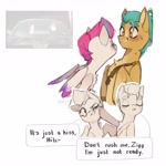 Size: 4096x4096 | Tagged: safe, artist:kaff_i, part of a set, hitch trailblazer, zipp storm, earth pony, pegasus, pony, g5, blushing, dialogue, duo, duo male and female, female, flirting, funny, kiss denied, male, mare, reference to another series, ship:stormblazer, shipping, smiling, speech bubble, stallion, straight, text