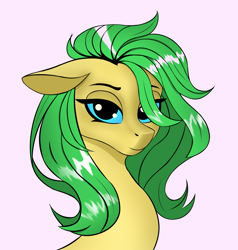 Size: 2073x2181 | Tagged: safe, artist:viaobscura, oc, oc only, earth pony, pony, bust, catchlights, cyan eyes, earth pony oc, floppy ears, green mane, lidded eyes, looking at you, shading, simple background, solo, white background, yellow coat