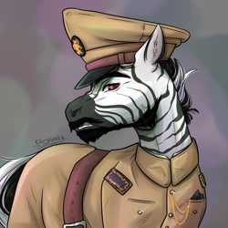 Size: 2362x2362 | Tagged: safe, artist:chrystal_company, oc, oc only, zebra, equestria at war mod, beard, clothes, facial hair, hat, moustache, solo