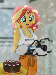 Size: 5176x6912 | Tagged: safe, artist:emeraldblast63, sunset shimmer, human, equestria girls, g4, adult, aperture science, big breasts, blurry background, breasts, busty sunset shimmer, cake, candle, chocolate cake, clothes, cyan eyes, female, food, laboratory, long hair, looking down, open mouth, open smile, pants, portal (valve), portal gun, shirt, sleeveless, sleeveless shirt, smiling, solo, solo female, sparkles, surprised, tank top, technology, two toned hair, wavy hair, woman