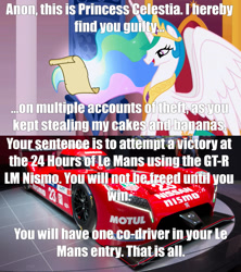 Size: 1021x1149 | Tagged: safe, princess celestia, g4, 24 hours of le mans, banana, bananalestia, cake, cakelestia, car, food, implied filly anon, indoors, le mans, lmp1, nissan, nissan gt-r lm nismo, prototype car, punishment, racecar, this will end in a car crash, this will end in a red flag, this will end in an accident, this will end in hell, this will end in sleep deprivation, this will not end well, world endurance championship