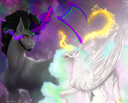 Size: 3160x2550 | Tagged: safe, king sombra, princess celestia, alicorn, pony, unicorn, g4, my little pony: friendship is magic, duo, duo male and female, fanart, female, horn, magic, male, ship:celestibra, shipping, straight