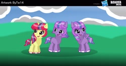 Size: 2048x1080 | Tagged: safe, artist:taylorwalls14, earth pony, pegasus, pony, unicorn, g6, horn, outdoors, trio