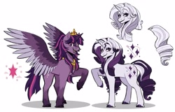 Size: 3200x2050 | Tagged: safe, artist:slapearl, rarity, twilight sparkle, alicorn, pony, unicorn, g4, alternate cutie mark, alternate design, alternate hair color, alternate hairstyle, beauty mark, coat markings, colored hooves, colored wings, crown, duo, duo female, dyed hair, dyed mane, dyed tail, eyeshadow, facial markings, female, gradient legs, hooves, horn, jewelry, lesbian, lipstick, makeup, mare, markings, multicolored wings, open mouth, open smile, peytral, ponytail, purple hair, raised hoof, redesign, reference sheet, regalia, shiny hooves, ship:rarilight, shipping, simple background, smiling, spread wings, standing, star (coat marking), tail, tiara, twilight sparkle (alicorn), white background, wings