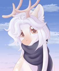 Size: 1052x1279 | Tagged: safe, artist:maravor, oc, oc only, oc:william, pony, antlers, clothes, male, outdoors, scarf, solo, stallion