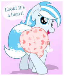 Size: 1321x1576 | Tagged: safe, artist:nitei, oc, oc only, pony, air pushed out of diaper, crossed legs, diaper, diaper butt, diaper fetish, female, fetish, heart, hearts and hooves day, looking at you, looking back, looking back at you, mare, non-baby in diaper, open mouth, passepartout, poofy diaper, solo, speech bubble, tail, tail aside, tail hole