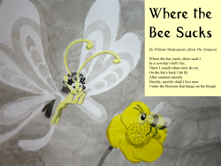 Size: 1000x750 | Tagged: safe, artist:mod wit, oc, oc:bumble buzz (bananas wit), bee, breezie, insect, askbananaswit, cowslip, cute, diabreezies, fanart, flower, honeybee, partial color, poem, poetry, solo, species swap, text, the tempest, traditional art, william shakespeare