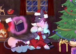 Size: 2048x1448 | Tagged: safe, artist:sugar lollipop, oc, oc only, oc:cotton swirl, oc:dark curse, pegasus, unicorn, christmas, complex background, cute, female, fireplace, goth, goth pony, holiday, horn, lesbian, love, lovers, pegasus oc, reading, scenery, unicorn oc