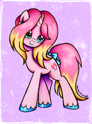 Size: 2248x3000 | Tagged: safe, artist:dariarchangel, oc, oc only, oc:sugar blossom, pony, unicorn, g4, abstract background, adorable face, art trade, blue eyes, blue hooves, bow, c:, colored hooves, cute, cute face, cute smile, ear piercing, earring, female, female oc, heart, heart eyes, hooves, horn, horn accessory, horn ring, jewelry, leg fluff, long tail, lovely, mare, mare oc, ocbetes, passepartout, piercing, pink coat, pink hair, pink mane, pink tail, pony oc, pretty, ring, smiling, solo, standing, tail, tail bow, traditional art, two toned hair, two toned mane, two toned tail, unicorn oc, unshorn fetlocks, wingding eyes