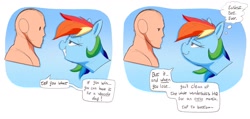 Size: 1667x795 | Tagged: safe, artist:welost, rainbow dash, human, pegasus, pony, g4, bet, dialogue, duo, duo male and female, explicit source, female, male, smiling, smug, speech bubble, text, thought bubble