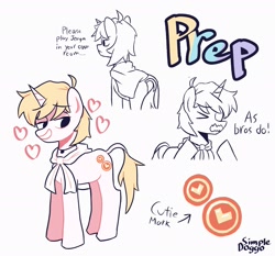 Size: 2045x1909 | Tagged: safe, artist:simpledoggo, pony, unicorn, boyfriends (webcomic), eyebrows, eyebrows visible through hair, floating heart, heart, horn, jewelry, male, necklace, ponified, prep (boyfriends), reference sheet, simple background, solo, stallion, white background