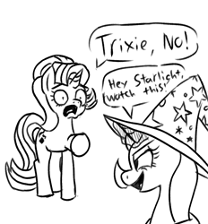 Size: 2000x2154 | Tagged: safe, artist:simpledoggo, starlight glimmer, trixie, pony, unicorn, g4, black and white, clothes, dialogue, duo, female, grayscale, hat, horn, magic, mare, moments before disaster, monochrome, simple background, sketch, speech bubble, trixie's hat, white background