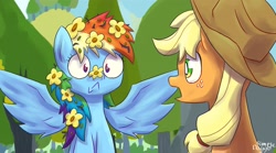 Size: 3600x2000 | Tagged: safe, artist:simpledoggo, applejack, rainbow dash, earth pony, pegasus, pony, g4, my little pony: friendship is magic, the perfect pear, :<, character swap, duo, female, flower, flower in hair, jaw drop, lesbian, mare, open mouth, outdoors, scene interpretation, ship:appledash, shipping, spread wings, tree, wings