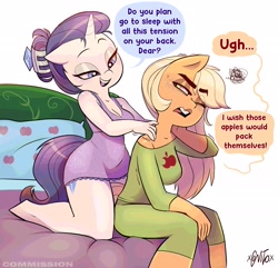 Size: 2075x2000 | Tagged: safe, artist:xconito, applejack, rarity, earth pony, unicorn, anthro, unguligrade anthro, g4, alternate hairstyle, bed, blanket, breasts, clothes, commission, cute, duo, duo female, eyeshadow, female, freckles, horn, indoors, jackabetes, lesbian, makeup, massage, night dress, one eye closed, open mouth, pajamas, pants, pillow, raribetes, ship:rarijack, shipping, shirt, signature, simple background, white background