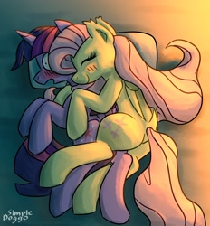 Size: 1628x1752 | Tagged: safe, artist:simpledoggo, fluttershy, twilight sparkle, alicorn, pegasus, pony, g4, blushing, cuddling, duo, female, gay panic, hug, lesbian, mare, ship:twishy, shipping, spooning, twilight sparkle (alicorn)