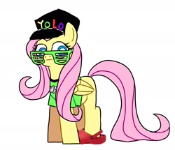 Size: 1889x1622 | Tagged: safe, artist:simpledoggo, fluttershy, pegasus, pony, g4, baseball cap, cap, clothes, crocs, female, hat, mare, shirt, shoes, simple background, solo, sunglasses, t-shirt, white background, yolo