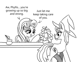 Size: 2500x2000 | Tagged: safe, artist:simpledoggo, phyllis, starlight glimmer, trixie, pony, unicorn, g4, black and white, desk, dialogue, duo, female, grayscale, horn, inkwell, mare, monochrome, potted plant, quill, speech bubble