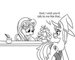 Size: 2500x2000 | Tagged: safe, artist:simpledoggo, phyllis, starlight glimmer, trixie, pony, unicorn, g4, black and white, blushing, desk, dialogue, duo, female, grayscale, horn, inkwell, lesbian, mare, monochrome, potted plant, quill, ship:startrix, shipping, speech bubble