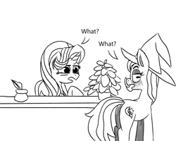 Size: 2500x2000 | Tagged: safe, artist:simpledoggo, phyllis, starlight glimmer, trixie, pony, unicorn, g4, black and white, blushing, desk, dialogue, duo, female, grayscale, horn, inkwell, lesbian, mare, monochrome, potted plant, quill, ship:startrix, shipping, speech bubble