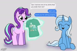 Size: 3000x2000 | Tagged: safe, artist:simpledoggo, starlight glimmer, trixie, pony, unicorn, g4, clothes, dialogue, duo, female, gray background, horn, lesbian, magic, mare, meme, ponified meme, ship:startrix, shipping, shirt, simple background, sitting, speech bubble, t-shirt, telekinesis, undertale