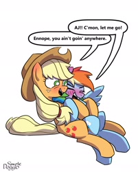 Size: 2000x2493 | Tagged: safe, artist:simpledoggo, applejack, rainbow dash, earth pony, pegasus, pony, g4, blushing, cuddling, dialogue, duo, female, hug, lesbian, mare, ship:appledash, shipping, simple background, speech bubble, white background