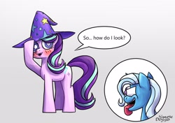 Size: 2564x1800 | Tagged: safe, artist:simpledoggo, starlight glimmer, trixie, pony, unicorn, g4, accessory swap, blushing, clothes, dialogue, duo, female, gray background, hat, horn, lesbian, mare, ship:startrix, shipping, simple background, speech bubble, tongue out, trixie's hat