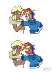 Size: 726x996 | Tagged: safe, artist:simpledoggo, applejack, rainbow dash, human, g4, blushing, clothes, dark skin, duo, eyebrows, eyebrows visible through hair, female, hoodie, humanized, kabedon, lesbian, meme, ponified meme, ship:appledash, shipping, simple background, smiling, white background