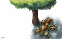 Size: 2676x1676 | Tagged: safe, artist:simpledoggo, applejack, earth pony, pony, g4, applejack's hat, cowboy hat, female, hat, lying down, mare, ponytober, ponytober 2024, shadow, simple background, solo, tree