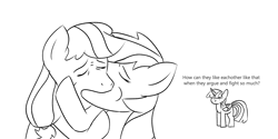 Size: 3000x1500 | Tagged: safe, artist:simpledoggo, applejack, rainbow dash, twilight sparkle, alicorn, earth pony, pegasus, pony, g4, black and white, confused, eyebrows, eyebrows visible through hair, female, grayscale, kissing, lesbian, mare, monochrome, raised eyebrow, ship:appledash, shipping, simple background, sketch, trio, twilight sparkle (alicorn), white background