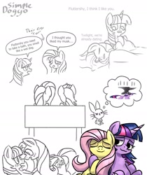 Size: 2000x2384 | Tagged: safe, artist:simpledoggo, angel bunny, fluttershy, twilight sparkle, alicorn, pegasus, pony, rabbit, g4, animal, anvil, bed, blushing, chest fluff, crying, dialogue, female, in bed, lesbian, male, mare, musk, ship:twishy, shipping, sketch, sketch dump, speech bubble, thought bubble, twilight sparkle (alicorn)