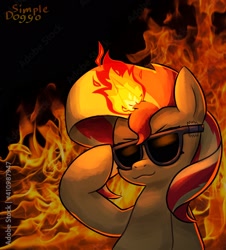 Size: 2000x2208 | Tagged: safe, artist:simpledoggo, sunset shimmer, pony, unicorn, g4, female, fiery shimmer, fire, horn, magic, mare, solo, stock image, sunglasses