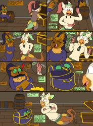 Size: 1648x2236 | Tagged: safe, artist:slywolf136, capper dapperpaws, captain celaeno, abyssinian, genie, anthro, g4, barrel, comic, commission, female, female to male, floating, geniefied, inanimate tf, kneeling, male, parrot pirates, pirate, rule 63, speech bubble, text, transformation, treasure chest