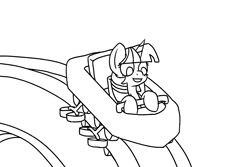 Size: 3000x2000 | Tagged: safe, artist:simpledoggo, twilight sparkle, pony, g4, black and white, euthanasia coaster, female, grayscale, imminent death, mare, monochrome, roller coaster, solo