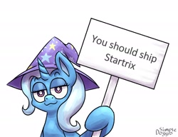 Size: 2600x2000 | Tagged: safe, artist:simpledoggo, trixie, pony, unicorn, g4, clothes, female, hat, horn, implied lesbian, implied shipping, implied startrix, mare, sign, simple background, solo, trixie's hat, white background